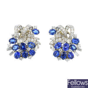 RAYMOND YARD - a pair of mid 20th century sapphire and diamond earrings.