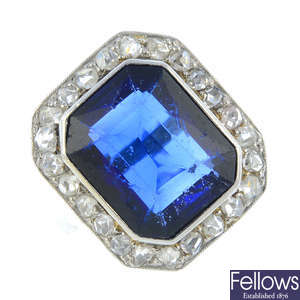 An Art Deco synthetic sapphire and diamond cluster ring.