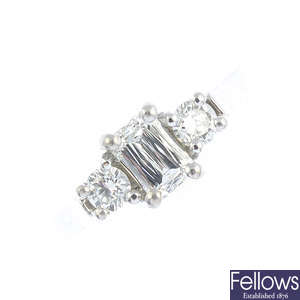 A platinum diamond three-stone ring.