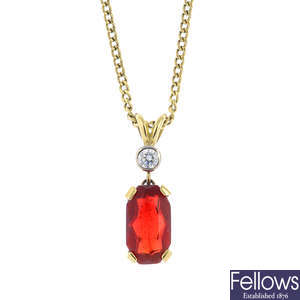 An 18ct gold fire opal and diamond pendant, with chain.