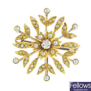 An early 20th century 15ct gold diamond, split pearl and imitation pearl brooch.