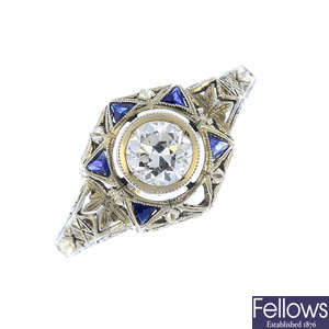 A mid 20th century diamond and synthetic sapphire dress ring.