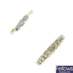 Three diamond and gem-set rings and a gem-set bracelet.