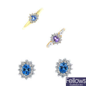 Two 9ct gold diamond and gem-set rings and a pair of gem-set earrings.