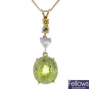 A sphene, diamond and 'coloured' diamond pendant, with chain.