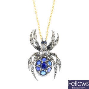A sapphire and diamond spider pendant, with chain.