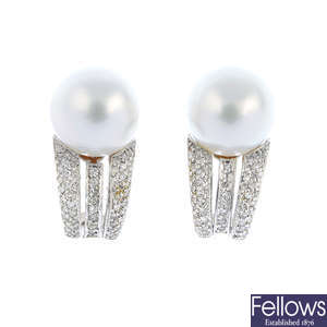 A pair of 14ct gold cultured pearl and diamond earrings.