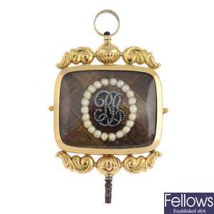 A late Georgian gold diamond, split pearl and woven hair memorial watch key.