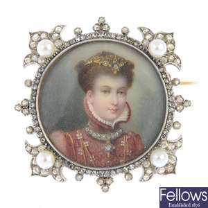 A late Victorian platinum and gold, diamond and cultured pearl portrait brooch.