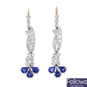 A pair of mid 20th century platinum sapphire and diamond earrings.