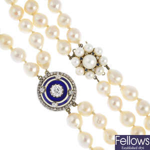 A cultured pearl two-row necklace with late Georgian blue enamel and diamond pendant.