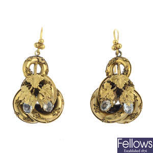 A pair of mid Victorian gold gem-set earrings.