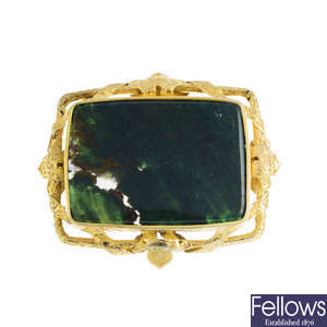 A late Victorian gold moss agate brooch.