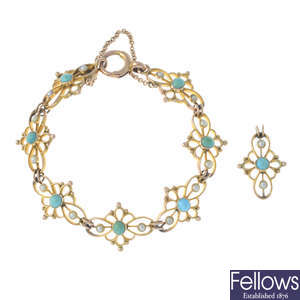 A set of early 20th century gold turquoise and split pearl jewellery.