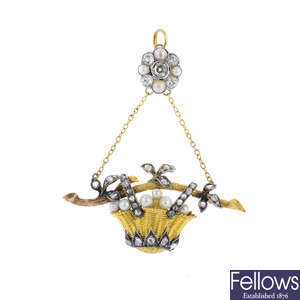 An early 20th century diamond and pearl floral pendant brooch.