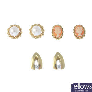 Seven pairs of gem-set earrings and a 9ct gold single earring.