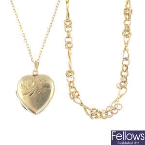 A 9ct gold locket, and two chains.