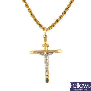 A 9ct gold crucifix pendant, with chain.