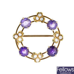 An early 20th century split pearl and amethyst brooch, and a pair of earrings.