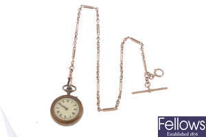 A base metal open face fob watch with 9ct gold chain.