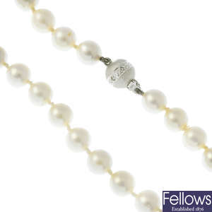 A cultured pearl single-strand necklace, with diamond clasp