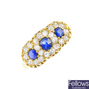 A late Victorian 18ct gold sapphire and diamond ring.