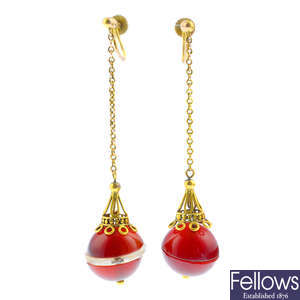 A pair of early 20th century 9ct gold carnelian and rock crystal earrings.