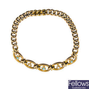 A late Victorian 9ct gold turquoise and seed pearl bracelet.