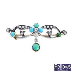 A late Victorian turquoise and diamond brooch.