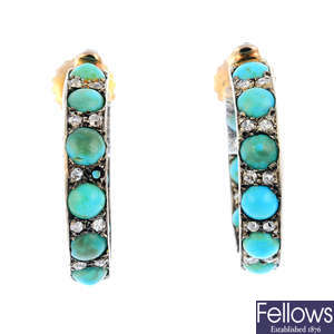 A pair of mid 20th century turquoise and diamond earrings.