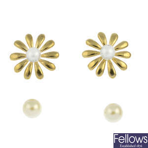 Two pairs of imitation pearl earrings.