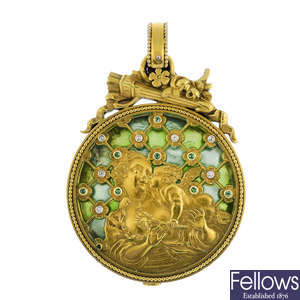 An early 20th century gold diamond and gem-set plique-a-jour enamel pendant.