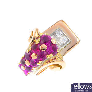 A 1940s 14ct gold synthetic ruby and diamond cocktail ring.