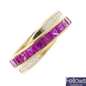 An 18ct gold ruby and diamond crossover ring.