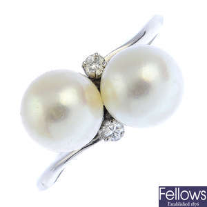 An 18ct gold cultured pearl and diamond ring.