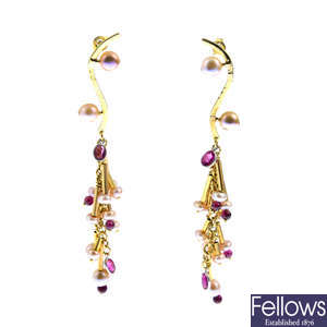 A pair of 9ct gold cultured pearl and gem-set earrings.