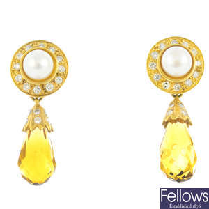 A pair of cultured pearl, diamond and citrine earrings.