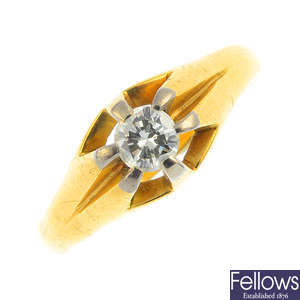 A 1970s 18ct gold diamond single-stone ring.