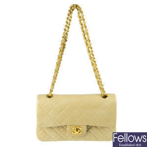 CHANEL - a vintage beige Medium Classic Double Flap handbag.