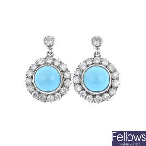 MAPPIN & WEBB - a pair of 18ct gold turquoise and diamond earrings.