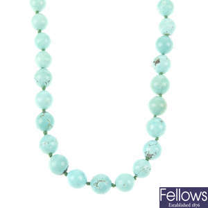 A turquoise necklace.