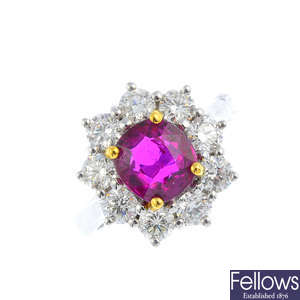A Mozambique ruby and diamond cluster ring.