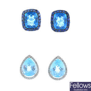 Two pairs of 9ct gold gem-set earrings.