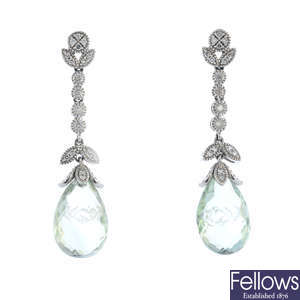 A pair of 9ct gold prasiolite and diamond earrings.