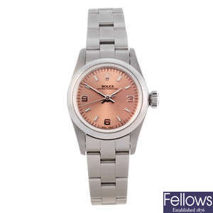 ROLEX - a lady's stainless steel Oyster Perpetual bracelet watch.