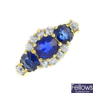 A late Victorian 18ct gold sapphire and diamond dress ring.