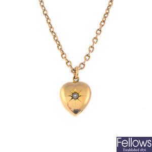 An early 20th century 15ct gold split pearl pendant, with 9ct gold chain.