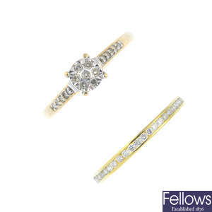 An 18ct gold diamond half eternity ring and a diamond cluster ring.