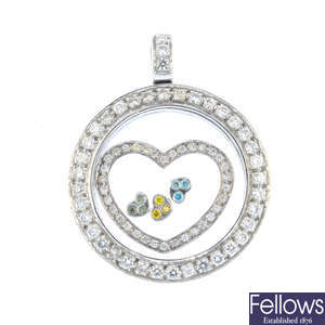 A diamond and 'coloured' diamond heart pendant.