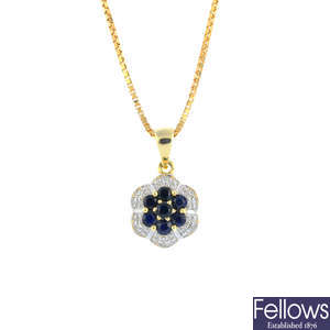 A 9ct gold sapphire and diamond cluster pendant, with chain.